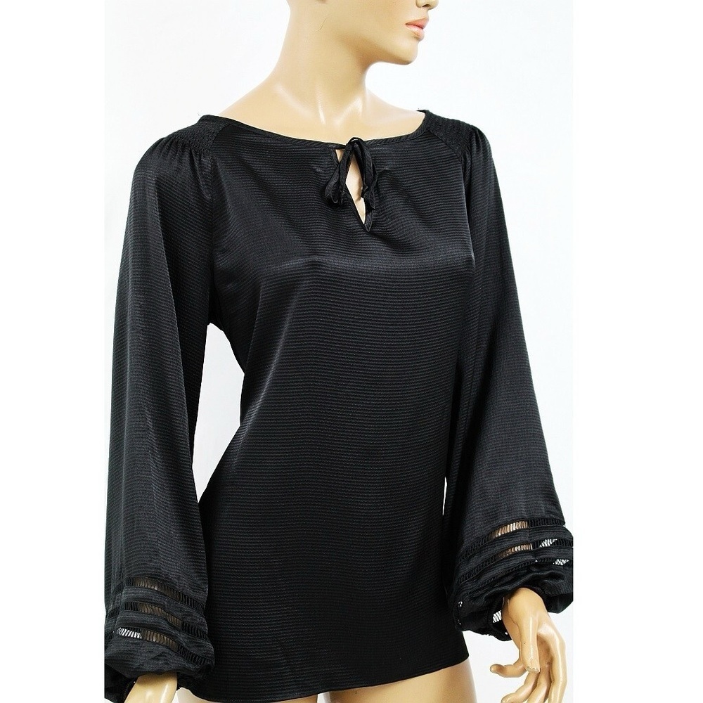 Women’s Jones New York Black Blouse Women's Long Cuff Sleeve Henley Top Shirt-Lg
